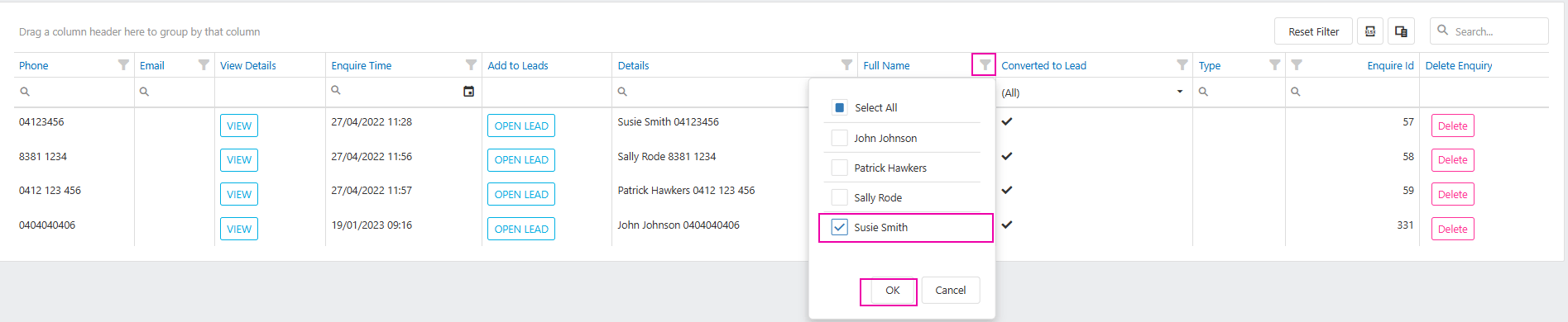 Column filter on enquiry list