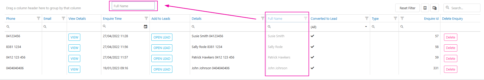Grouping area for enquiry list