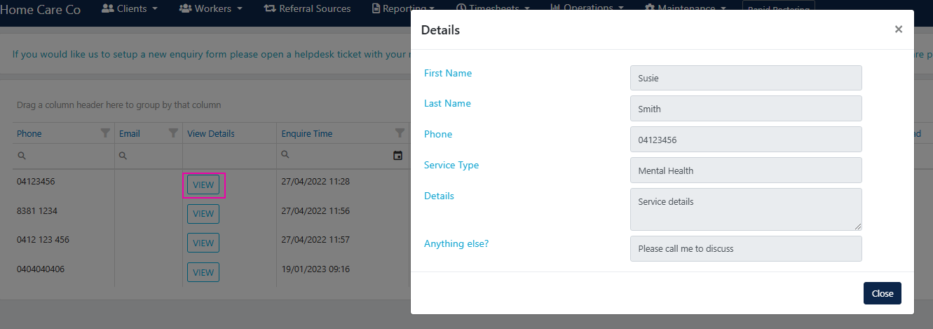 View button for an enquiry