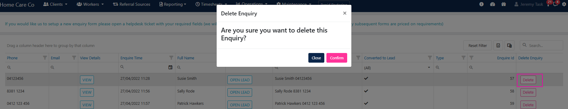 Delete confirmation for an enquiry