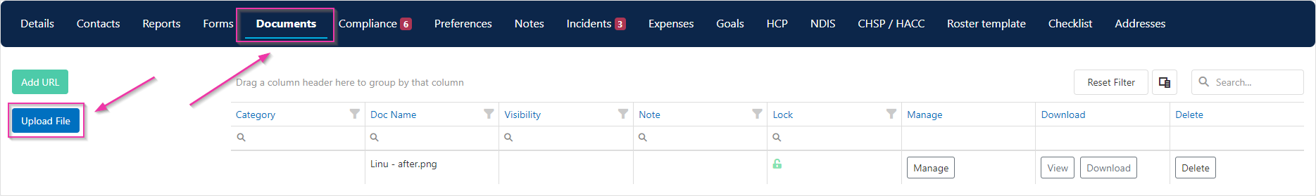 Upload file area on documents tab