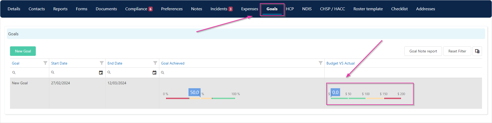 Client goals tab showing budget vs actual progress