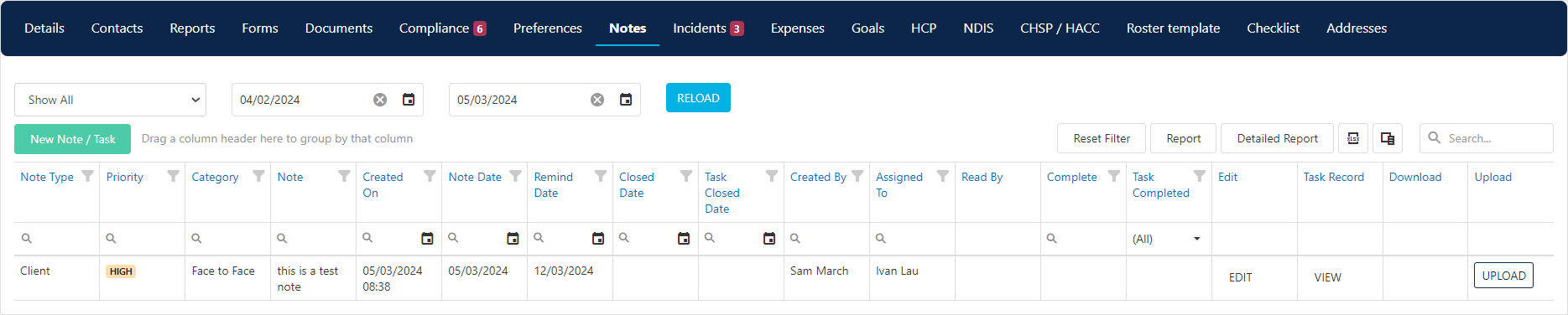 Client notes tab