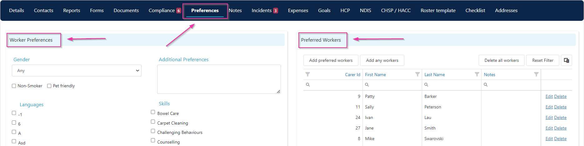 Preferences tab with filter options and worker list