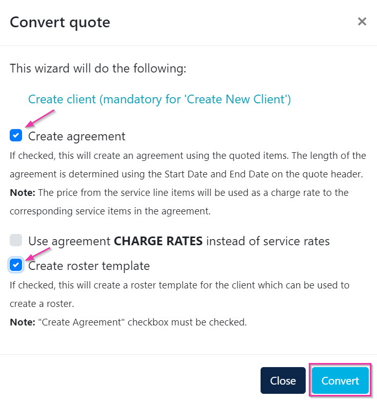 Convert quote options