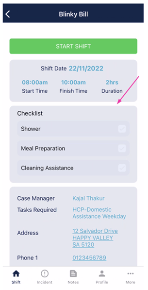 Checklist items shown on the shift home page