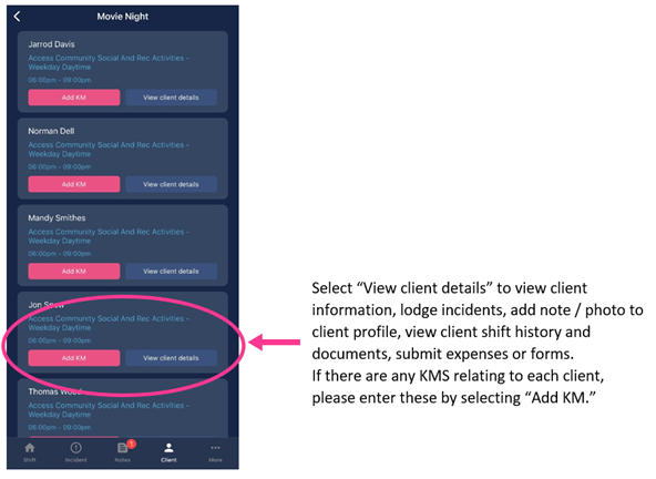 Selecting a client to add notes or lodge an incident