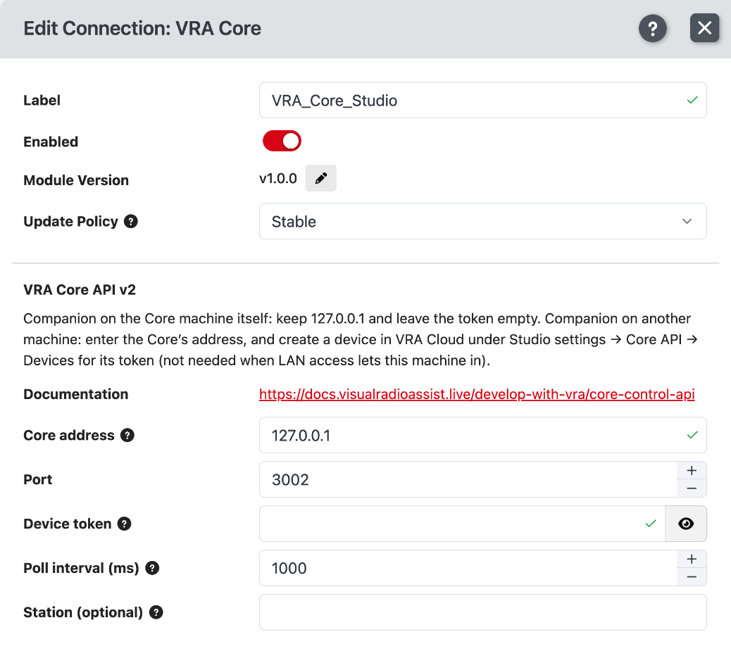 The VRA Core connection settings