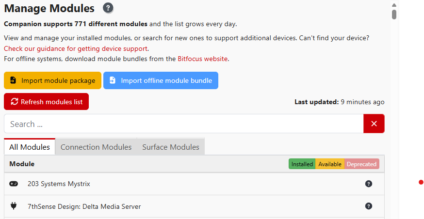 The Modules page with the Import module package button