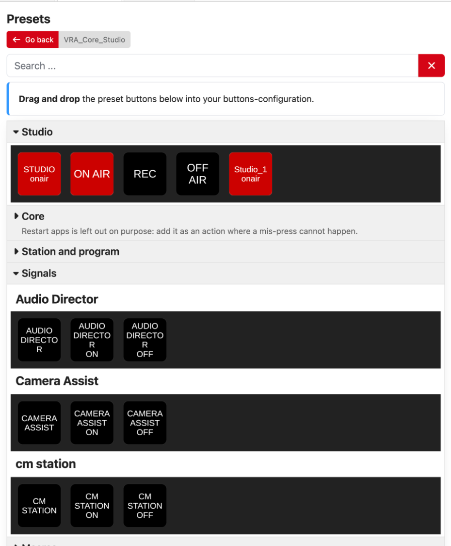 VRA Core presets for the studio and its signals