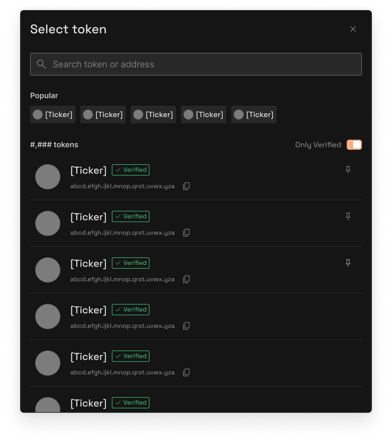 Token selection modal