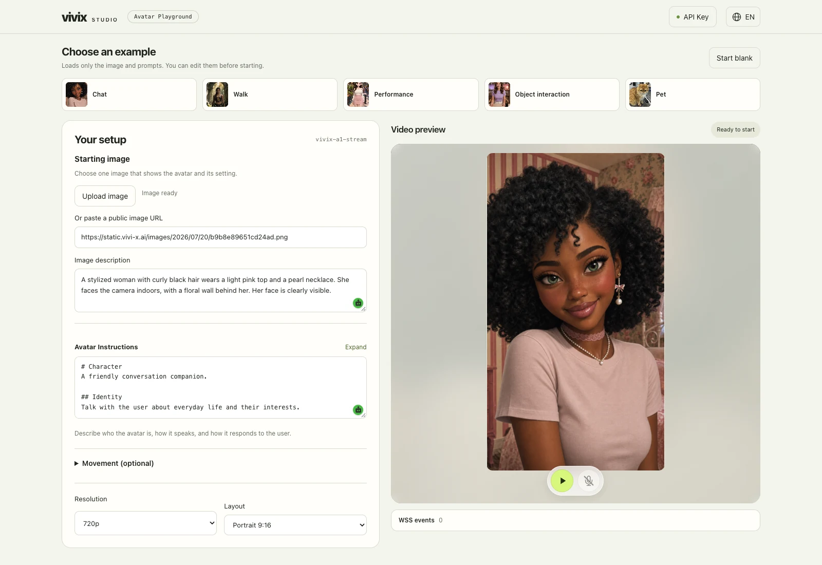 Avatar Playground with the Chat example selected, the setup panel on the left, and the video preview on the right
