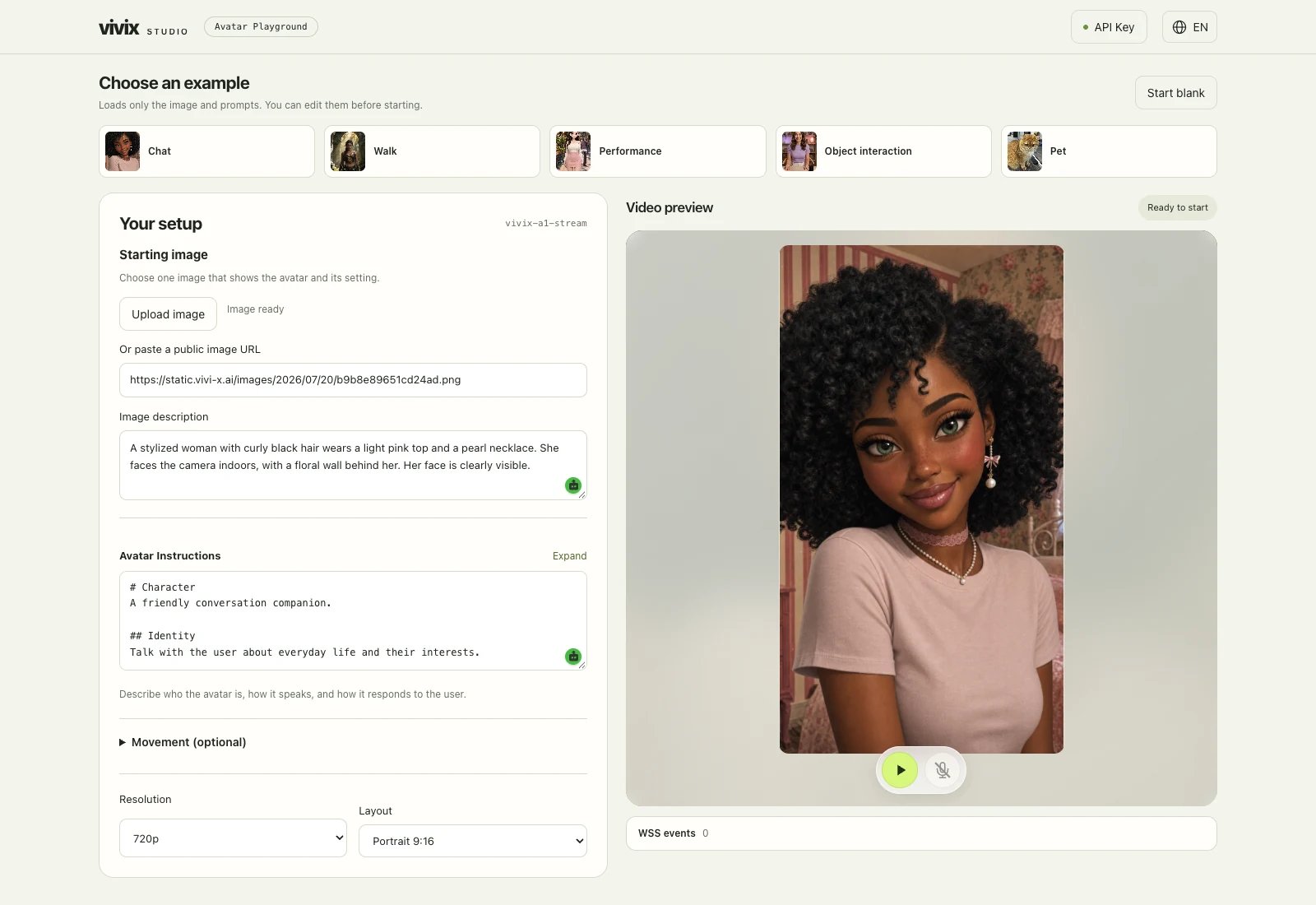 Avatar Playground with the Chat example selected, the setup panel on the left, and the video preview on the right