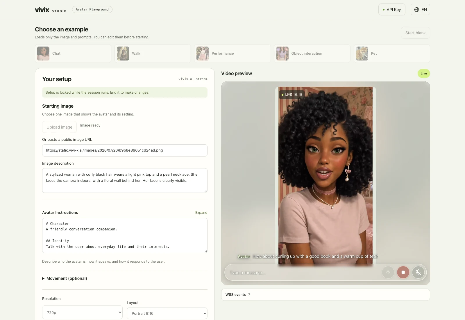 Avatar Playground during a live session, with the avatar speaking in the video preview