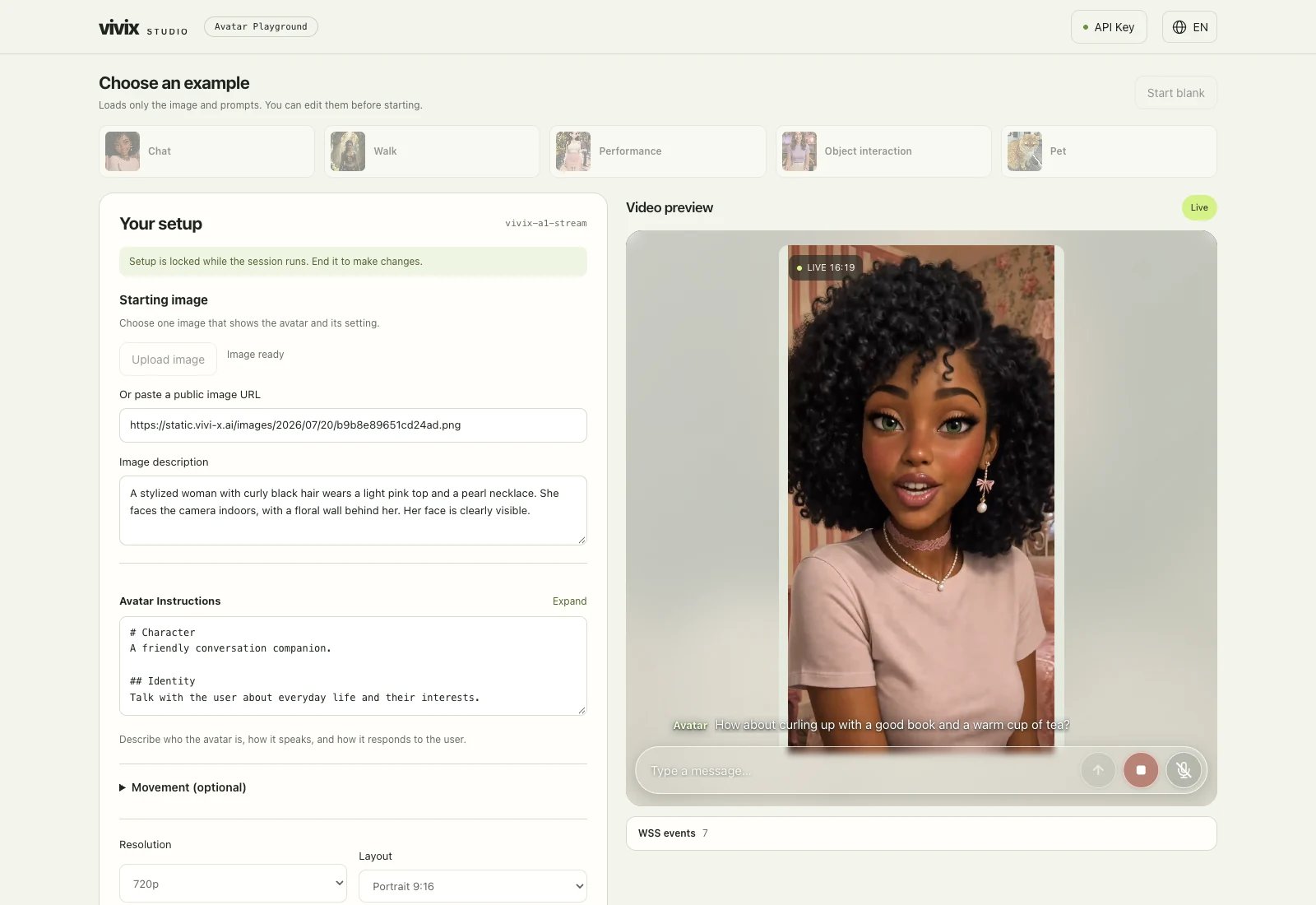 Avatar Playground during a live session, with the avatar speaking in the video preview