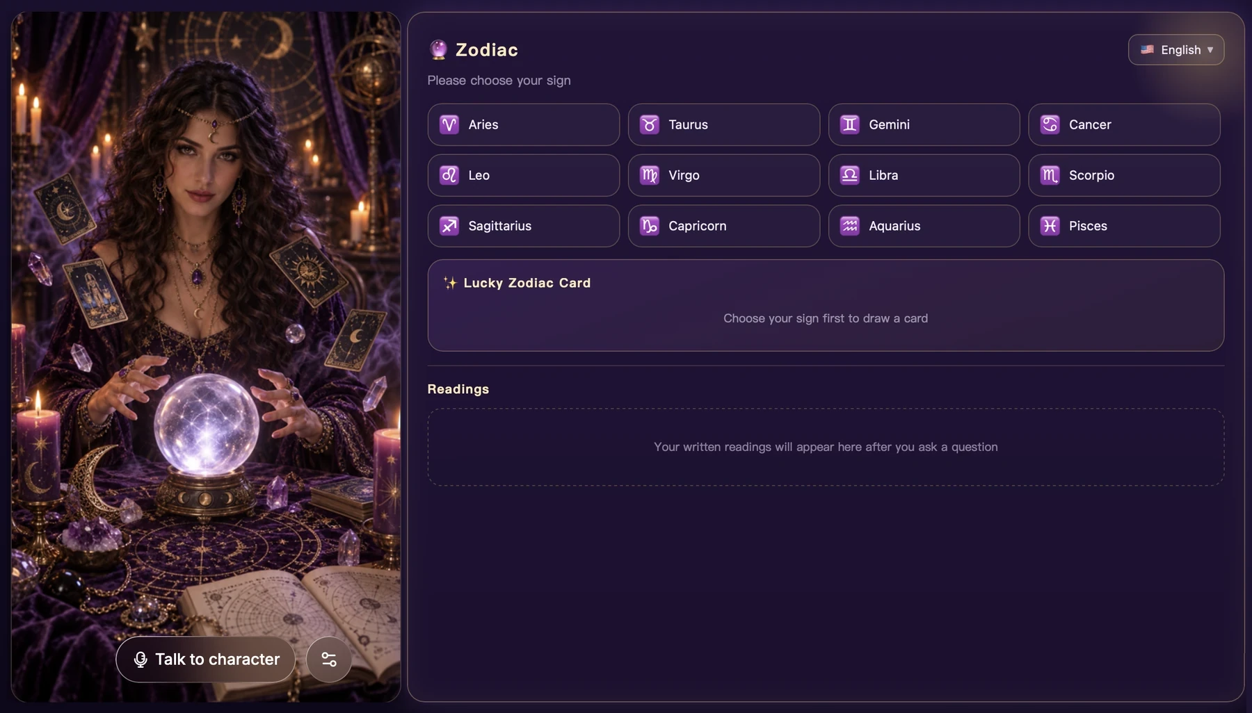 A fortune-teller character with a zodiac app for picking a sign, drawing a lucky card, and showing readings