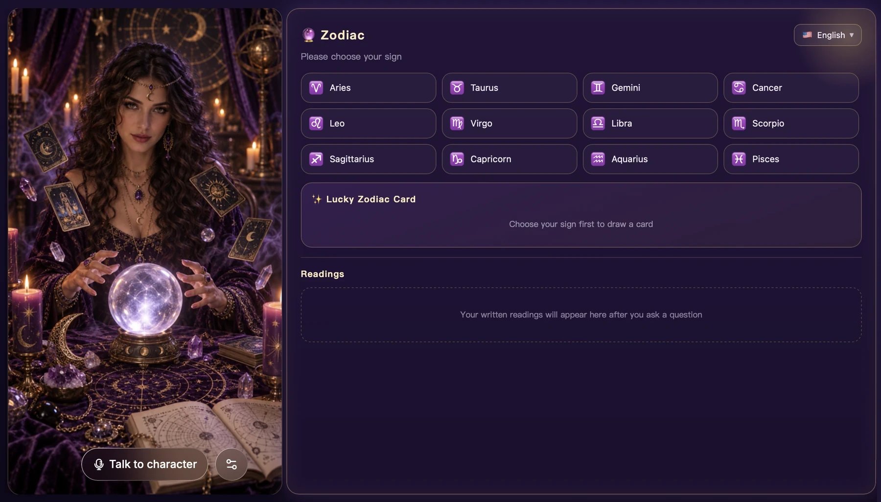 A fortune-teller character with a zodiac app for picking a sign, drawing a lucky card, and showing readings