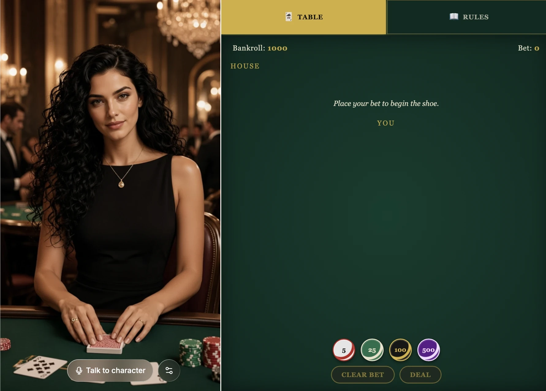 Vespera's character page with a blackjack table next to the character