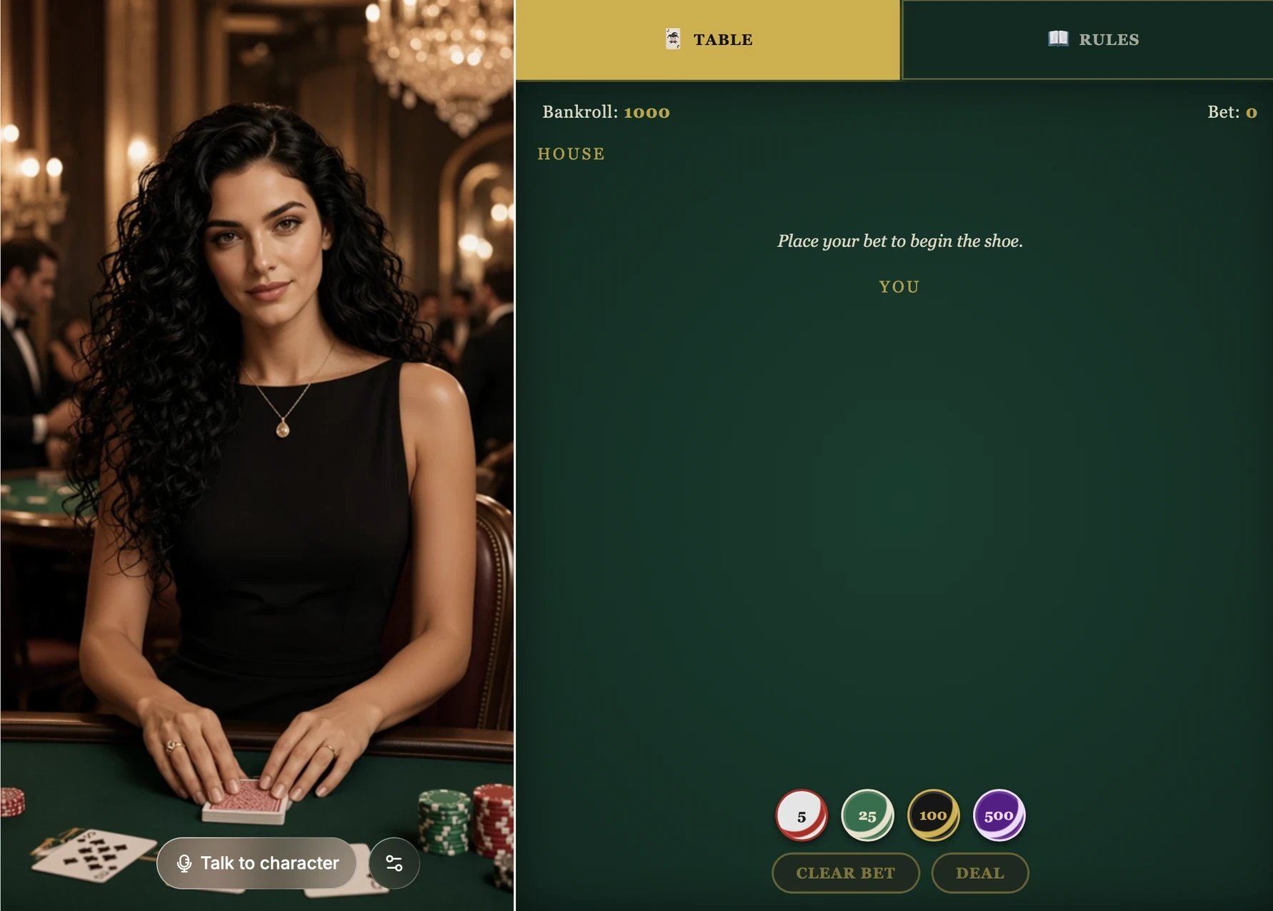 Vespera's character page with a blackjack table next to the character
