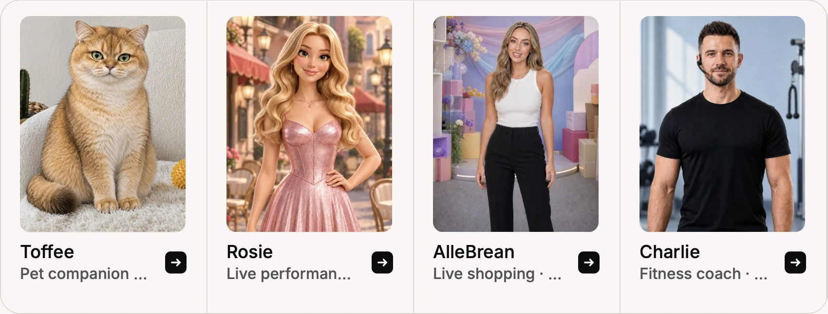 Template cards for Toffee, Rosie, AlleBrean, and Charlie