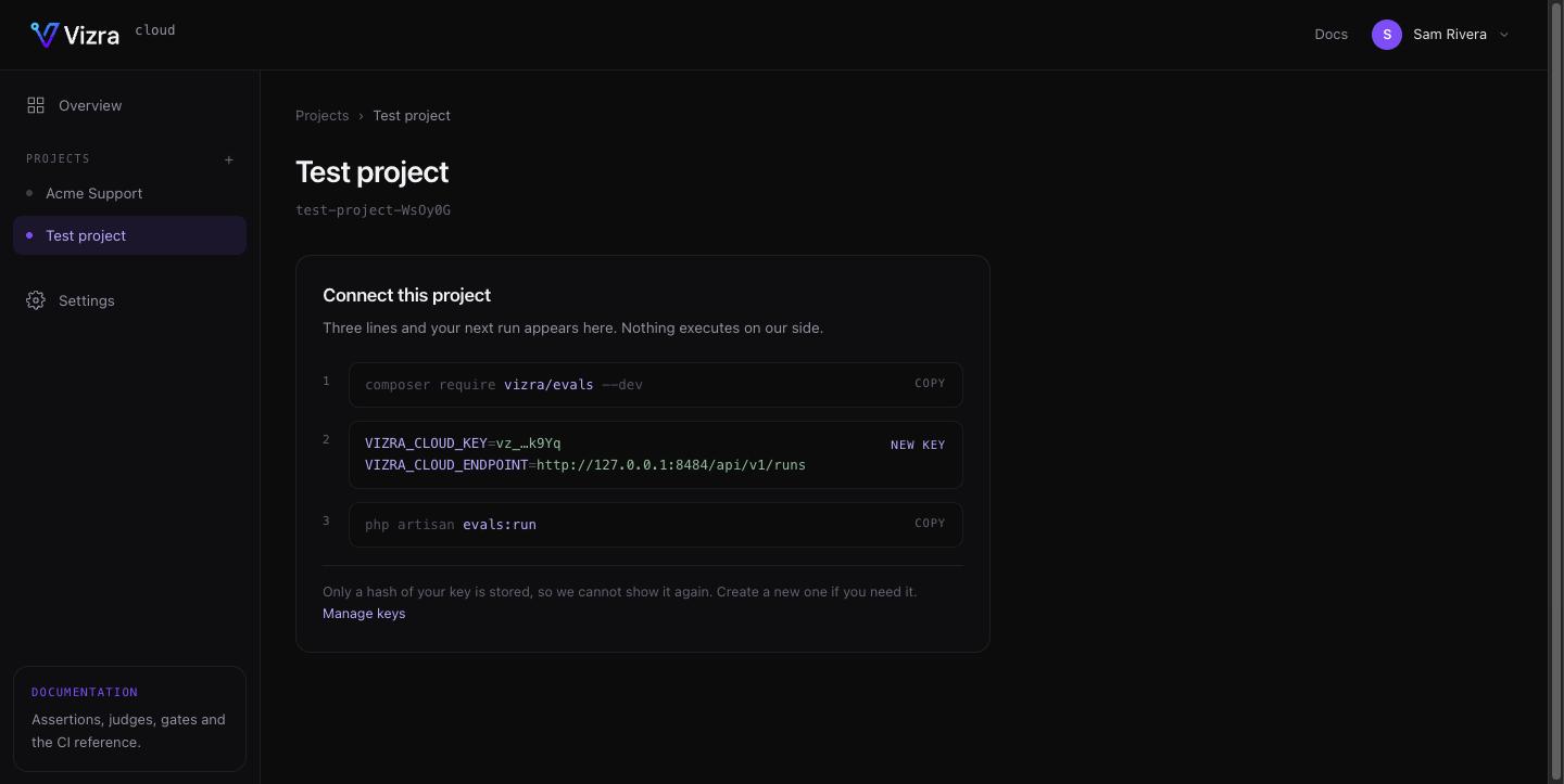 A new project's connect panel: composer require, the two env lines, and the run command