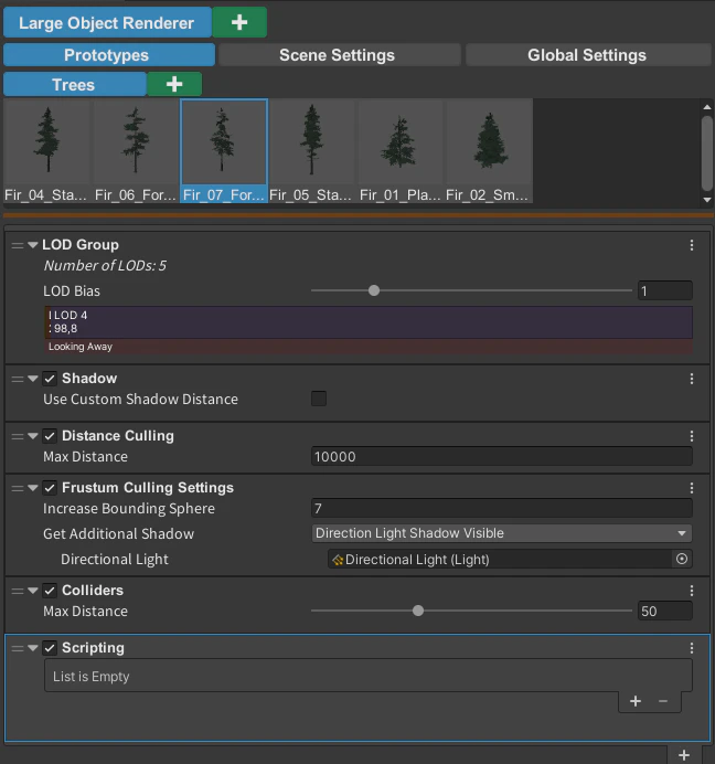Terrain Object Renderer settings tabs for Prototypes, Scene Settings, and Global Settings.