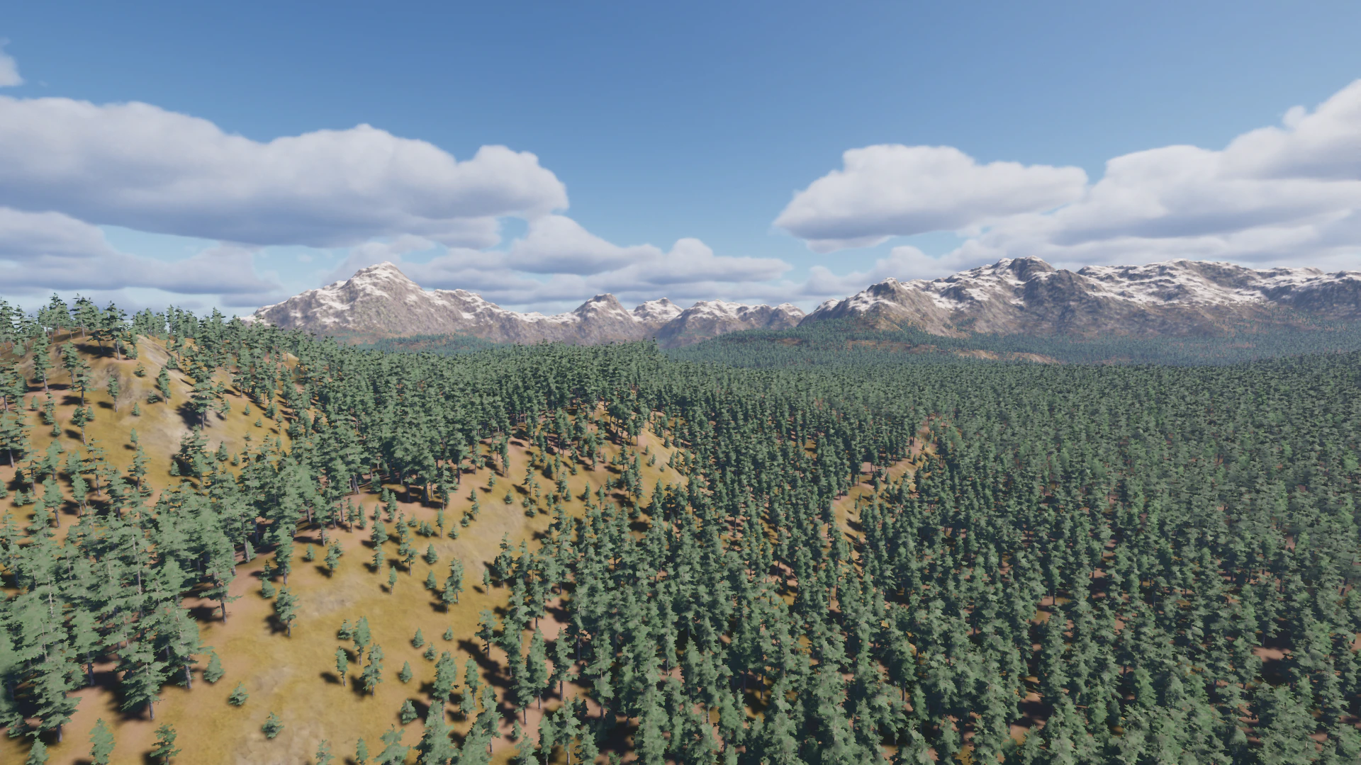 A large forest rendered with Terrain Object Renderer in one optimized draw call.