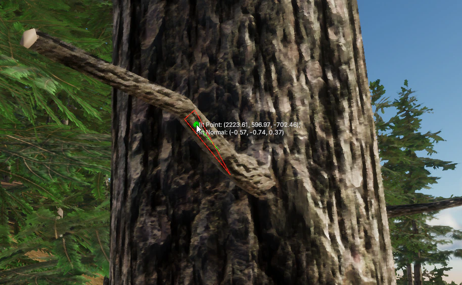 A custom raycast hitting a rendered tree instance.