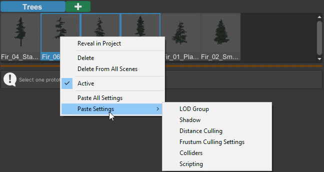 Terrain Object Renderer prototype context menu and settings submenu.