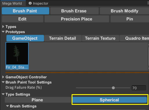 Advanced Brush spherical mode settings.