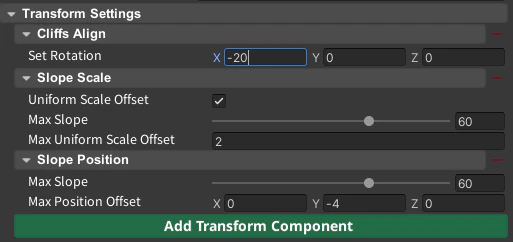 Transform Components setup used for cliff rocks.