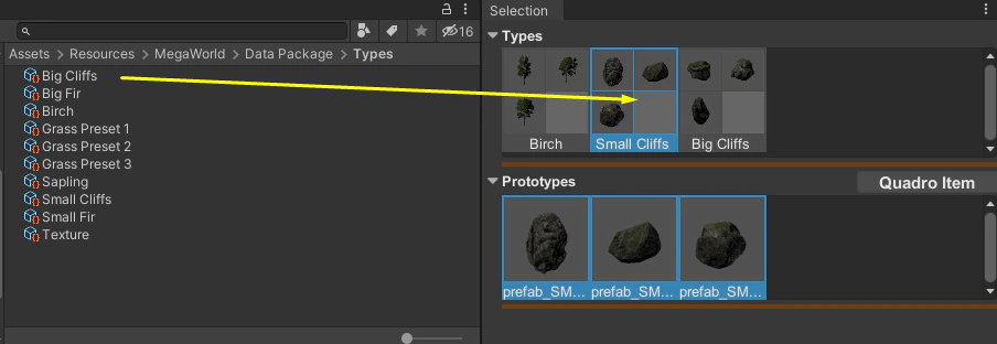 Dragging types into the MegaWorld selection.