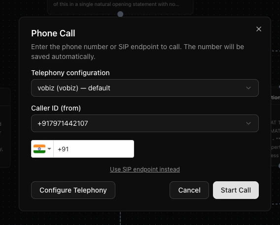 Enter your Vobiz phone number in Dograh