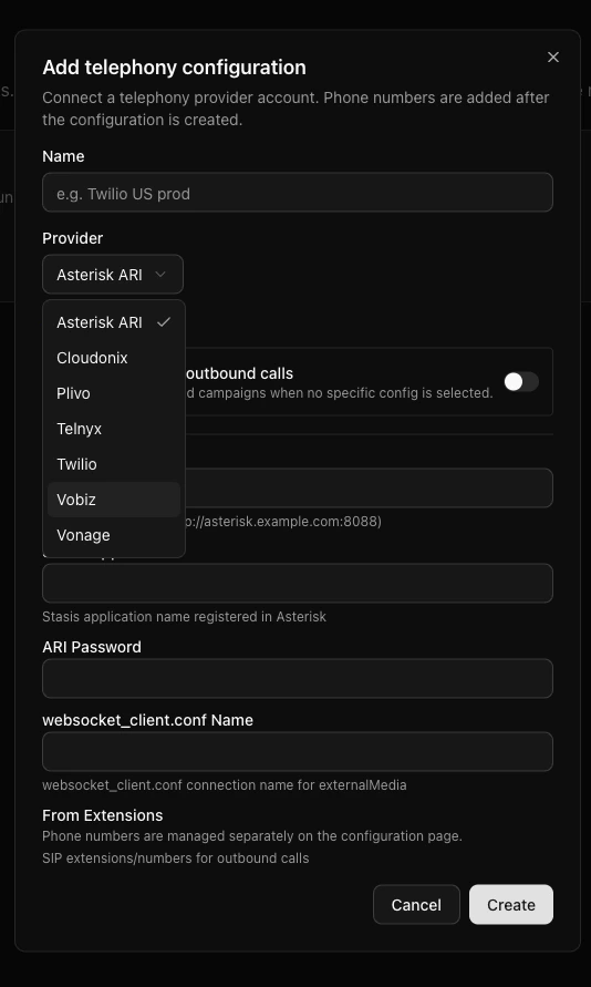 Select Vobiz provider in Dograh