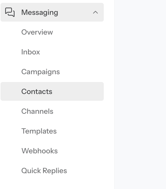 Vobiz console sidebar showing the Messaging section with Overview, Inbox, Campaigns, Contacts, Channels, Templates, Webhooks, and Quick Replies