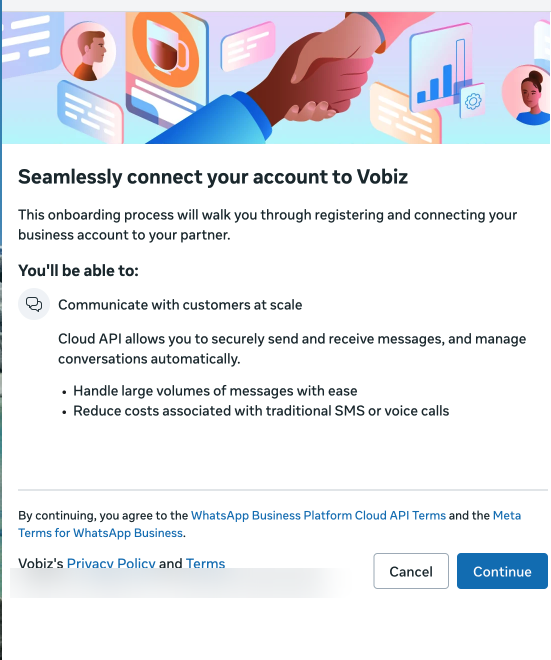 Meta onboarding dialog asking to connect your business account to Vobiz