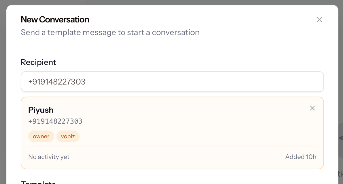 New Conversation dialog with a recipient field, a matched contact card showing a name, number and tags, and a template selector below