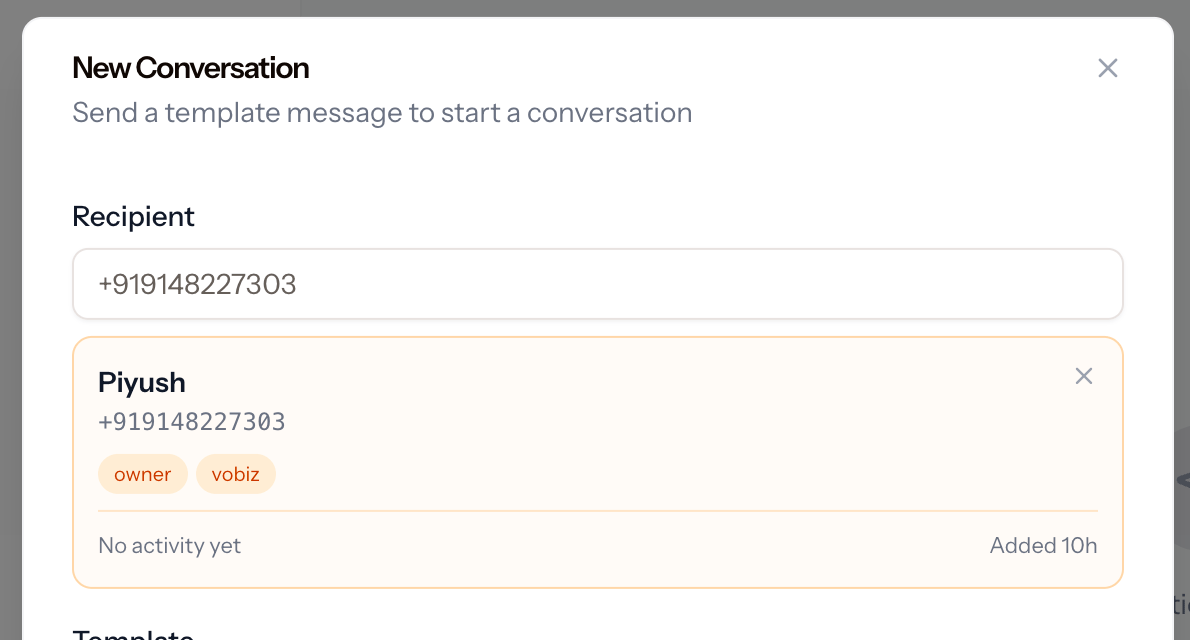 New Conversation dialog with a recipient field, a matched contact card showing a name, number and tags, and a template selector below