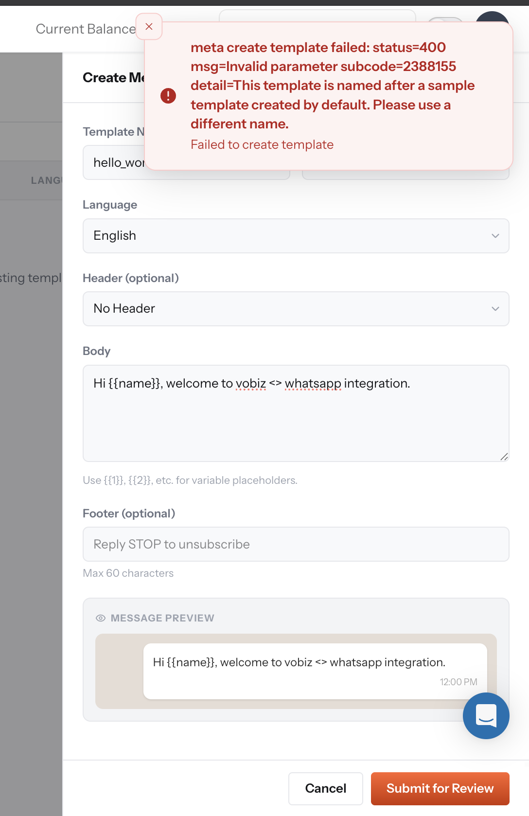 Create Message Template form showing a Meta error that the template name is reserved for a default sample template