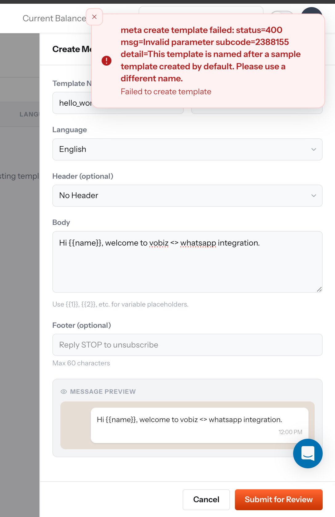 Create Message Template form showing a Meta error that the template name is reserved for a default sample template