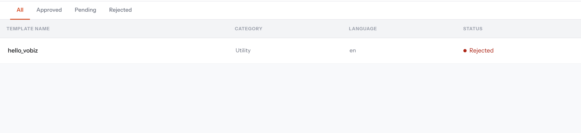 Template list showing a template with Utility category in Rejected status