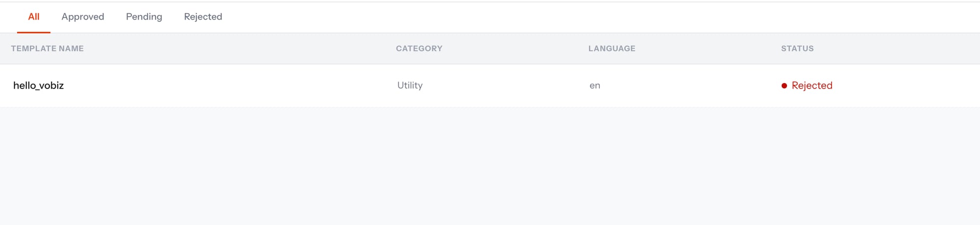 Template list showing a template with Utility category in Rejected status