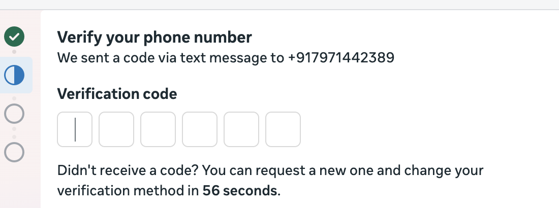 Meta verify your phone number step showing six verification code boxes and a note that you can request a new code and change your verification method in 56 seconds
