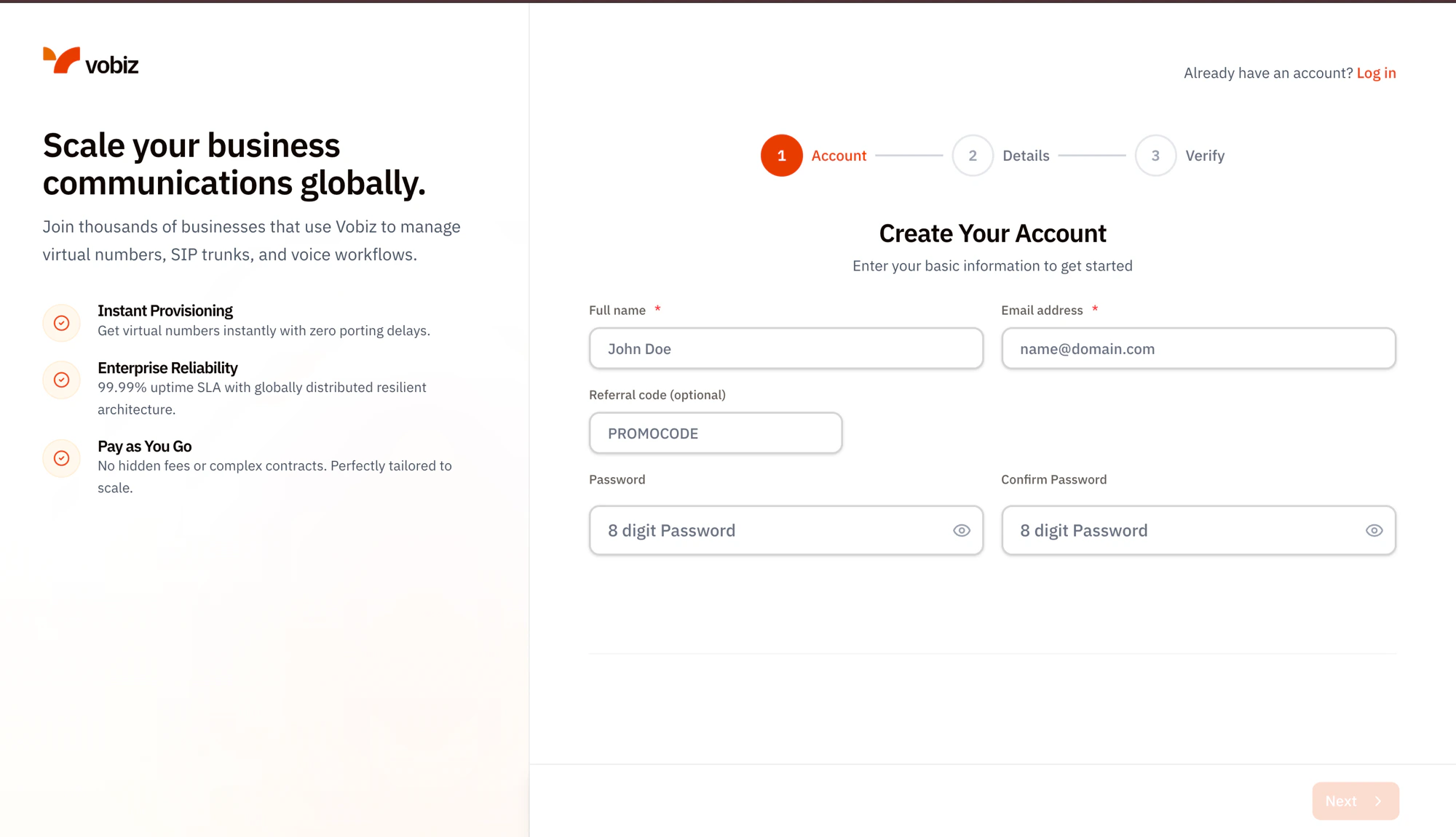 Vobiz signup step 1 Create Your Account screen with Full name, Email address, Referral code (optional), Password, and Confirm Password fields, plus the 3-step progress indicator Account/Details/Verify across the top