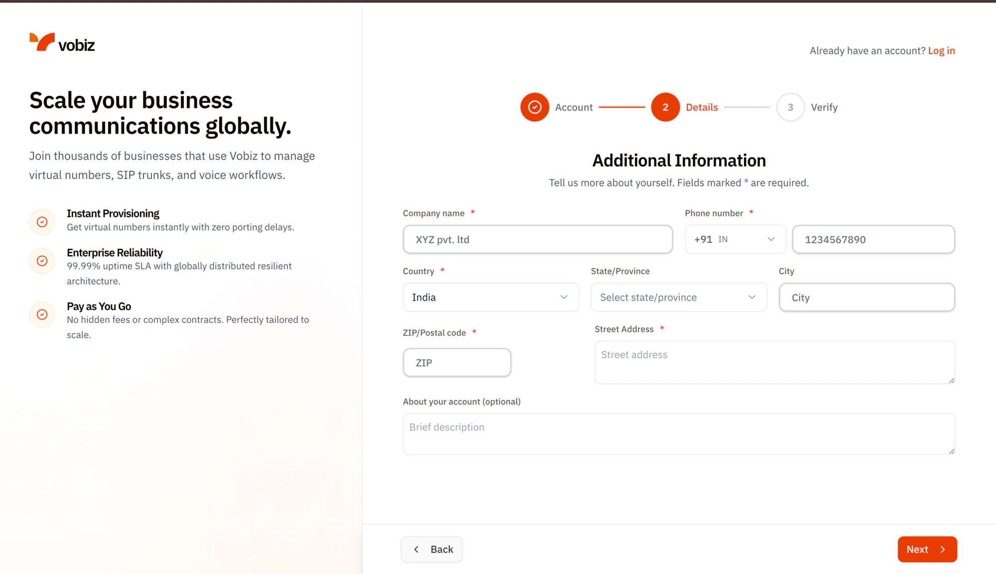 Vobiz signup step 2 Additional Information screen with Company name, Phone number with country code dropdown (+91 IN), Country dropdown (India), State/Province dropdown, City, ZIP/Postal code, Street Address, and About your account (optional) textarea