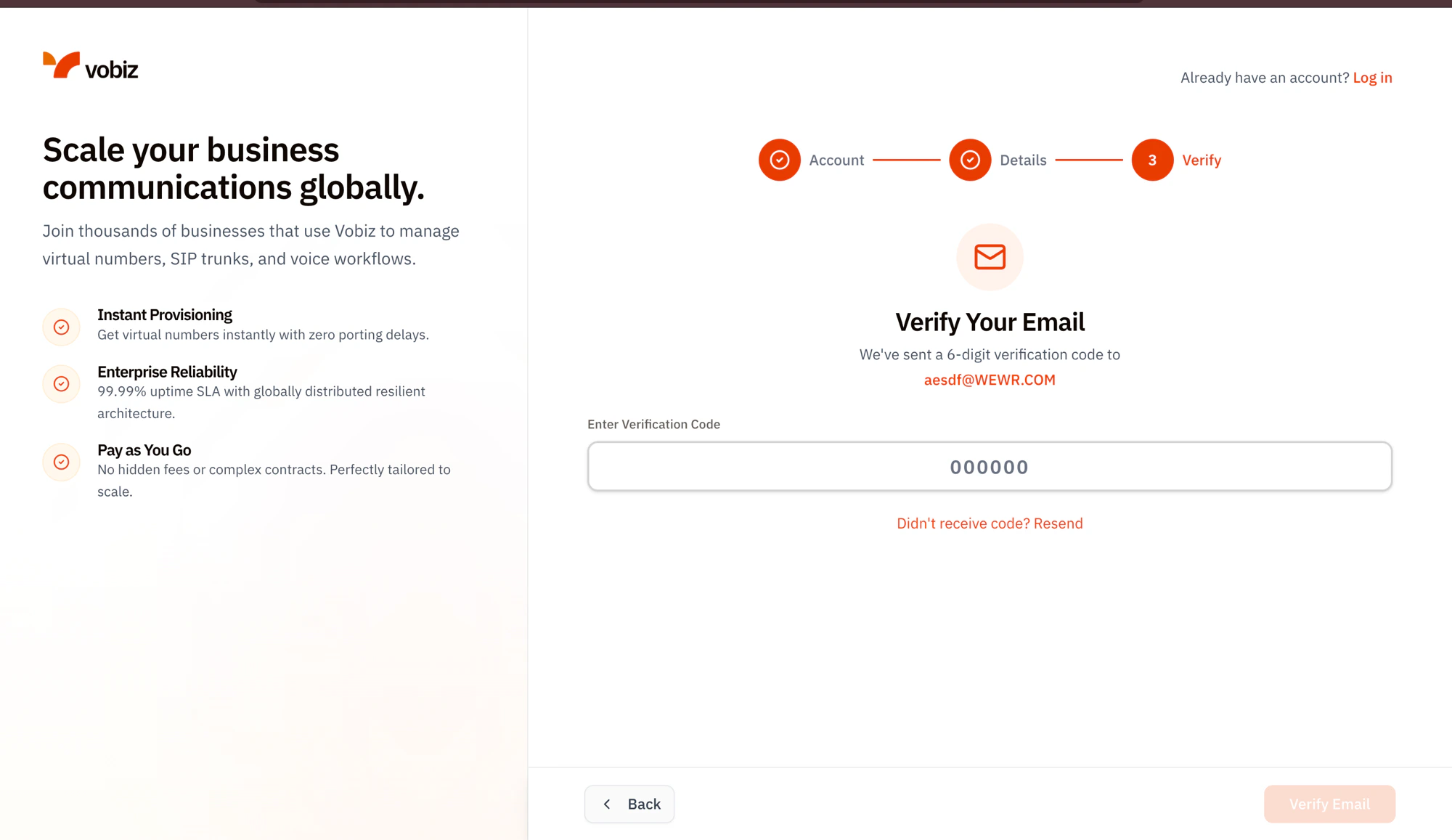 Vobiz signup step 3 Verify Your Email screen with envelope icon, message We've sent a 6-digit verification code to the email address from step 1, a six-digit code input field showing 000000 placeholder, Didn't receive code Resend link, Back button, and disabled Verify Email button at the bottom