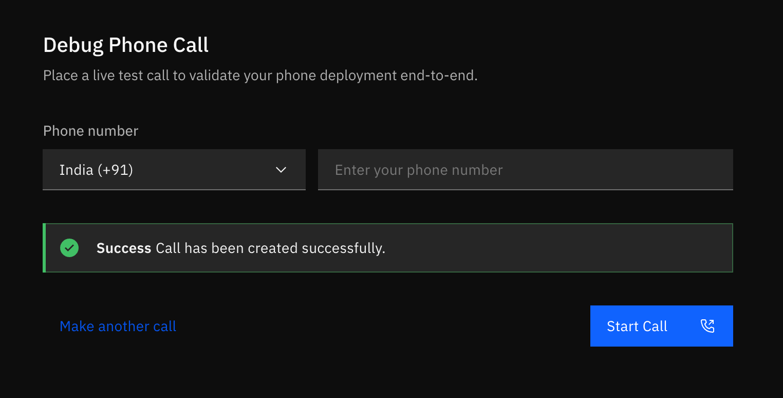Rapida AI success message confirming that the Vobiz test call was created