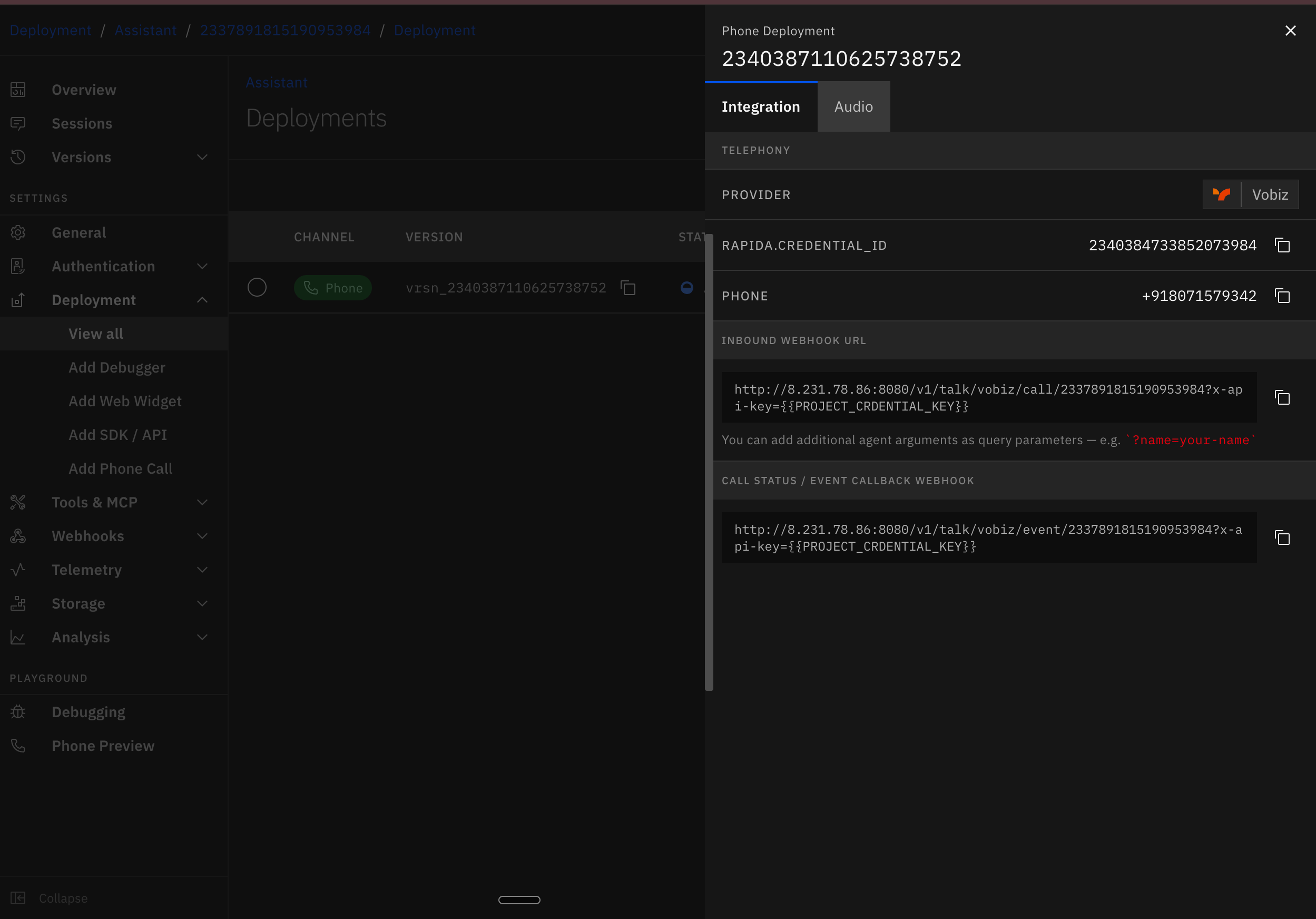 Rapida AI phone deployment showing the Vobiz provider and inbound webhook URL