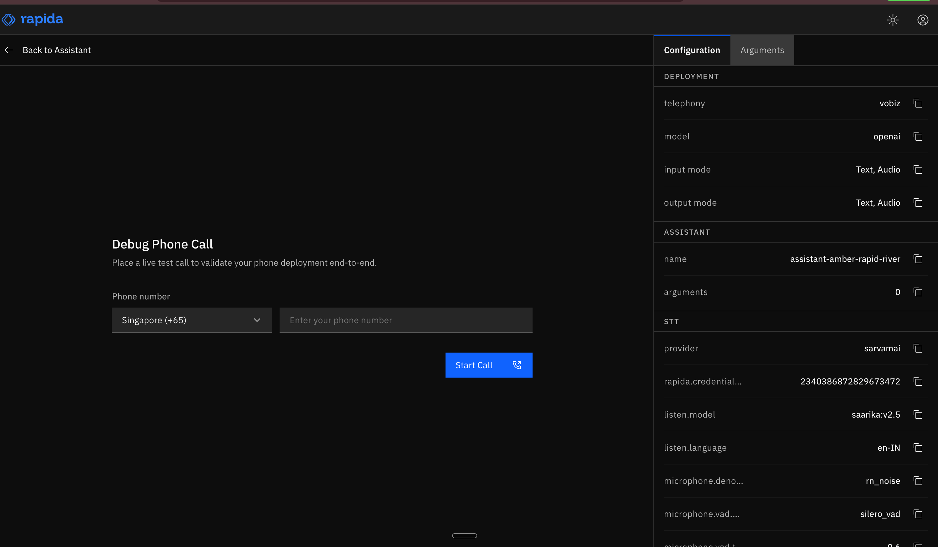 Rapida AI Debug Phone Call preview with Vobiz shown as the telephony provider
