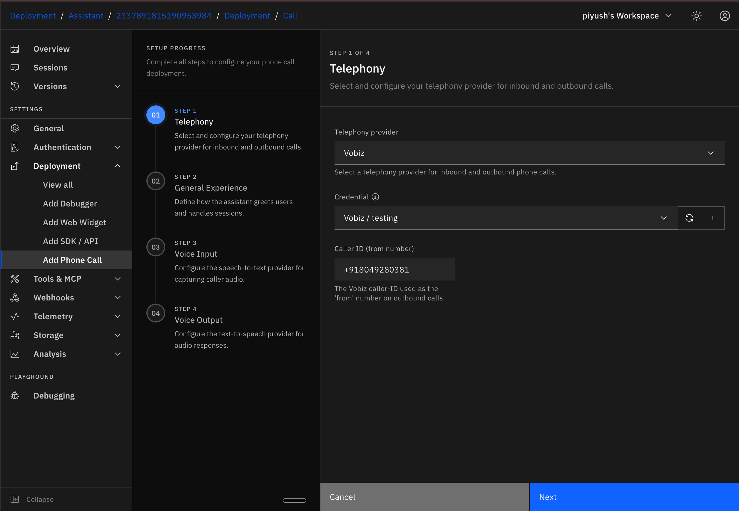 Rapida AI telephony deployment with Vobiz provider, credential, and caller ID selected
